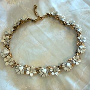 Vintage Trifari Crown Fleurette white enamel necklace